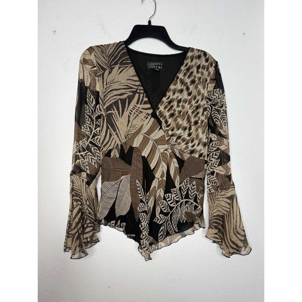 Vtg 90s Spenser Jeremy Silk Animal Print‎ Flutter Sleeve V-Neck Blouse Size 10